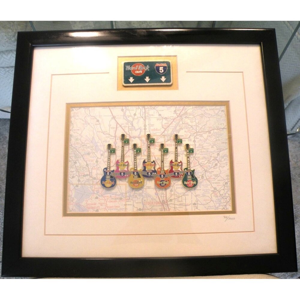 Framed Hard Rock Café Interstate 5 Guitar Pin Collection With Certificate Of Aut